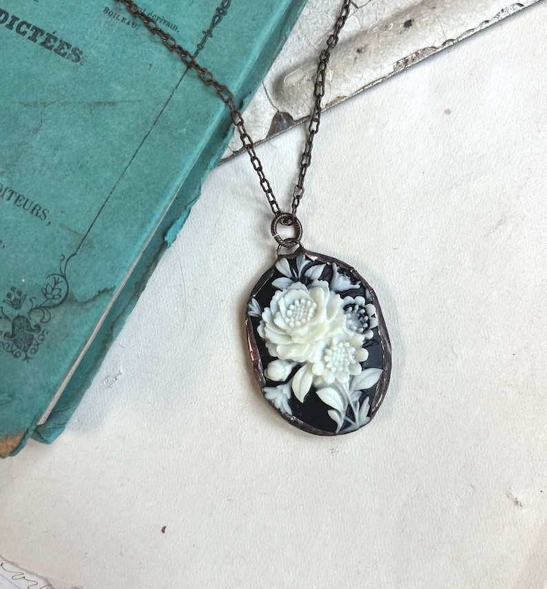 Rose Cameo 1990s, Black and Beige, Acrylic Resin Soldered Pendant, Floral Jewelry image 1