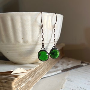 Emerald Green Jewel Faceted Glass Drop Earrings, Stained Glass Jewelry