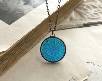 Aqua Blue Stained Glass Pendant, Soldered Jewelry, Victorian Style