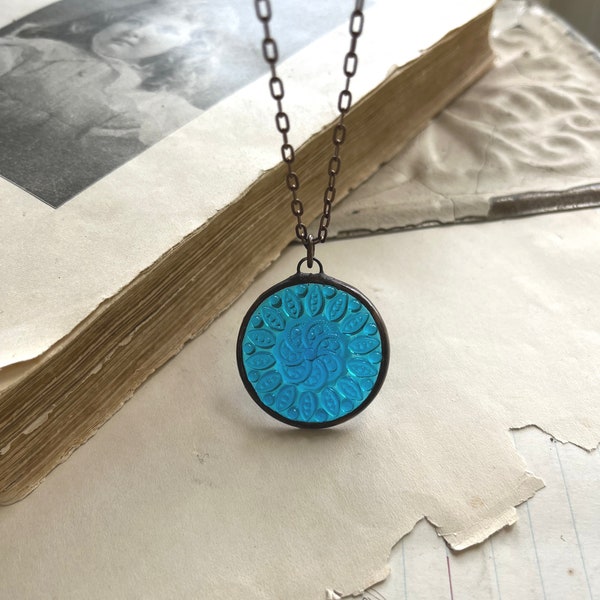 Aqua Blue Stained Glass Pendant, Soldered Jewelry, Victorian Style