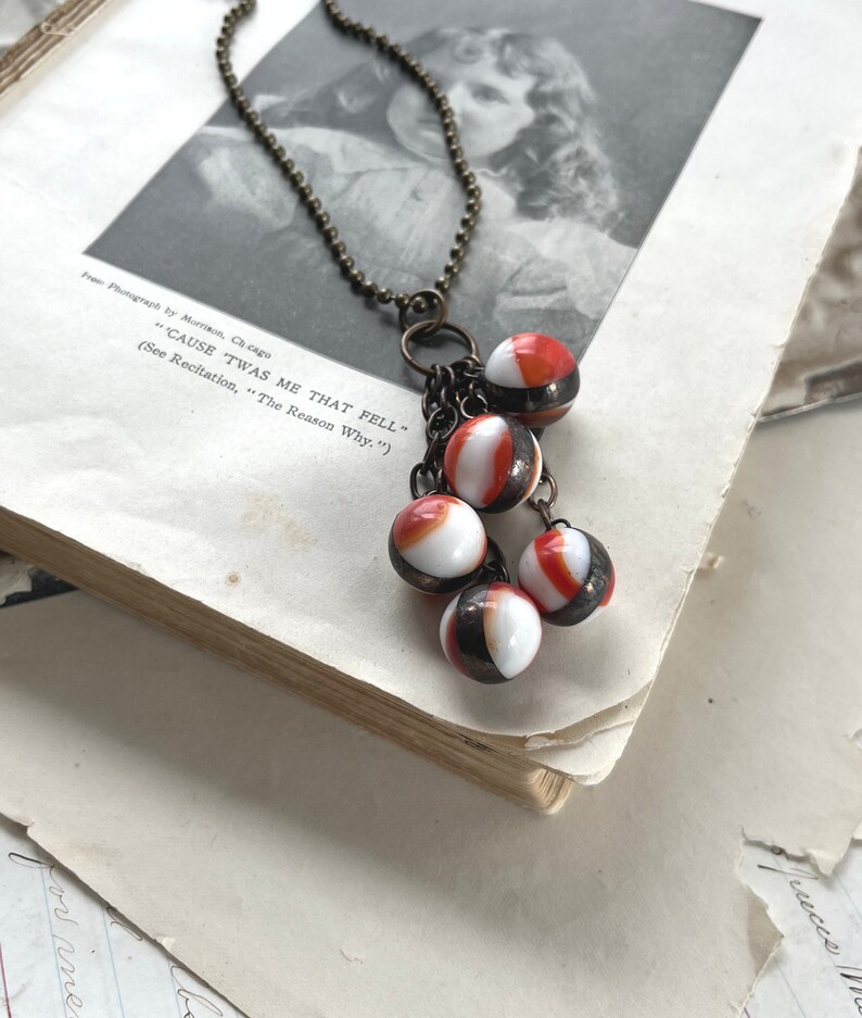 Burnt Orange Marble Necklace, Recycled Kitschy Jewelry, Orange Brown and White image 6