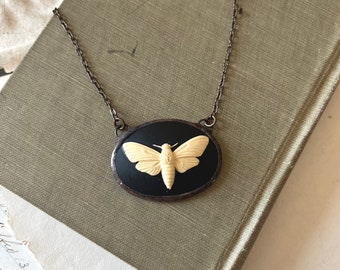 Moth Cameo Necklace, Acrylic Resin Soldered Pendant,  Insect Love Jewelry