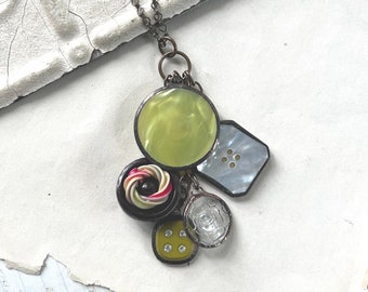 Chartreuse Button Charm Necklace, Upcycled Soldered Jewelry, Vintage Lucite and Glass Button Pendant