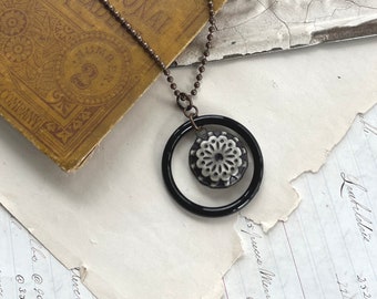 Carved Lucite Bead with Black Hoop Pendant, 1970s Revisited