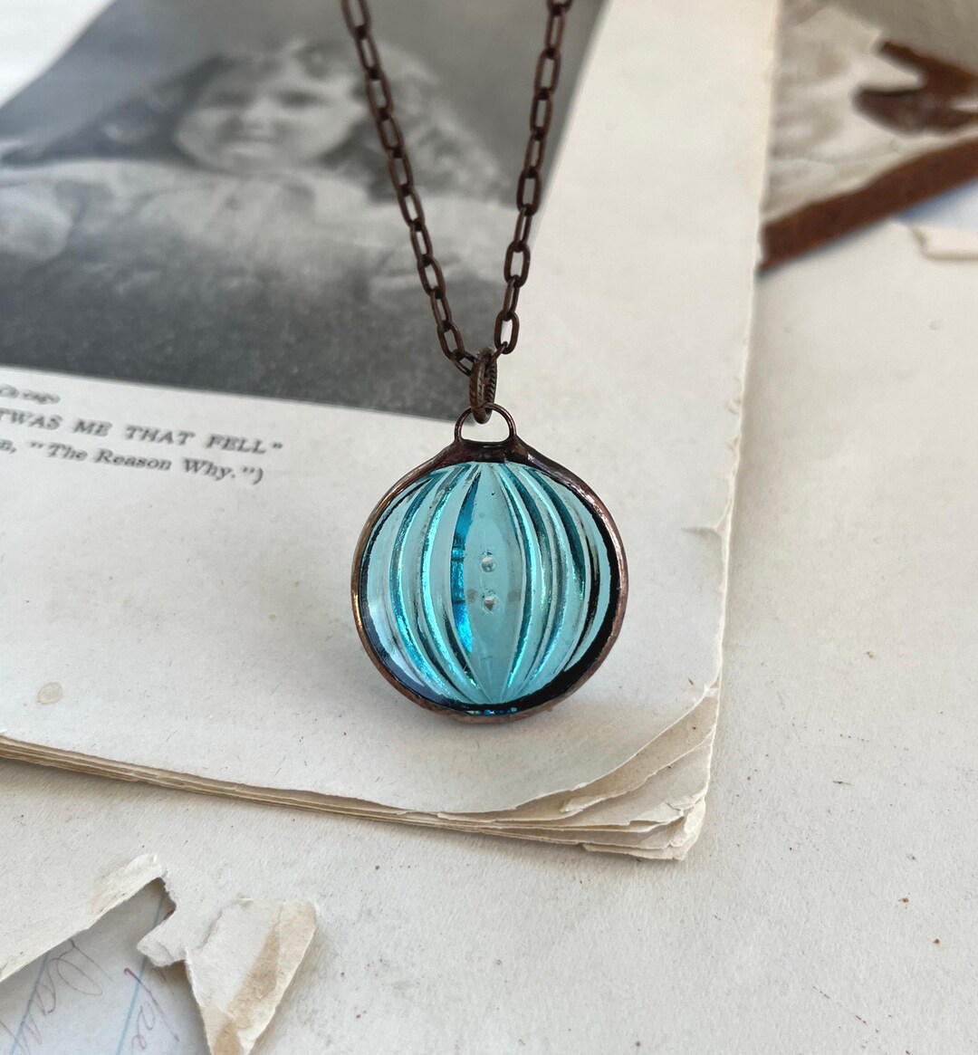 Soldered Blue Soldered Blue Glass Button Pendant, OOAK Necklace, Vintage Jewelry - Etsy