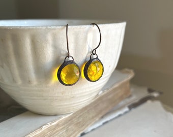 Yellow Glass Earrings, Faceted Glass Drop