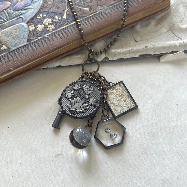 Mixed Metals Salvaged Antique Charm Necklace, Ooak Jewelry, Flower Button, Lace, Cabinet Key