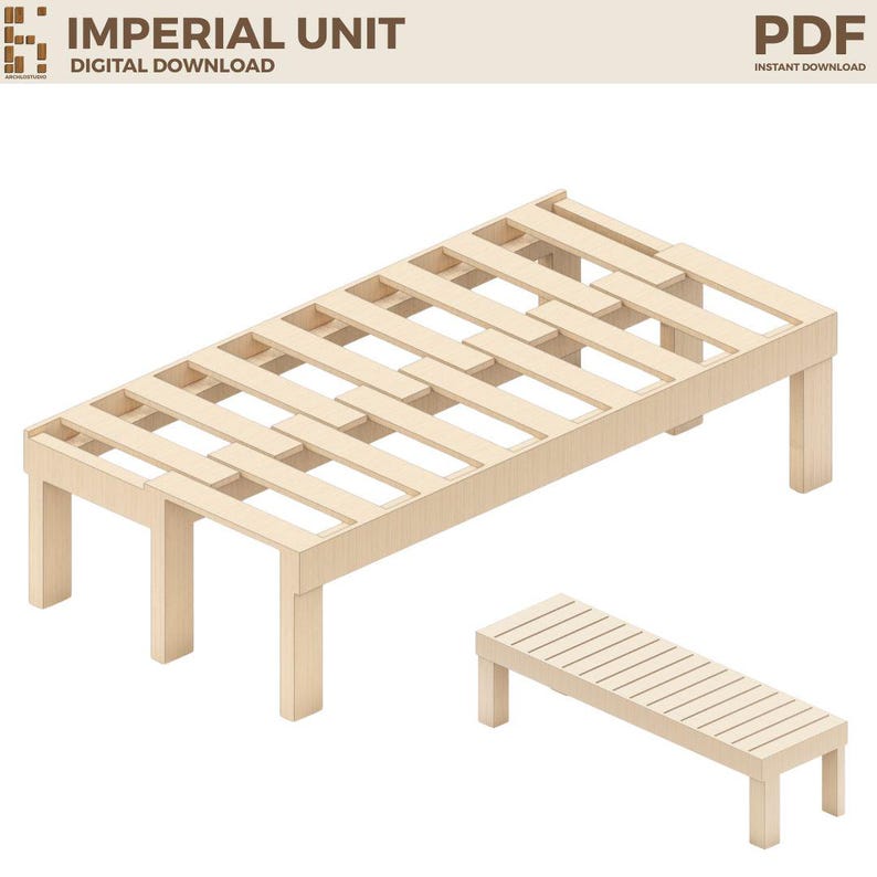 Puede incluir: Un armaz&oacute;n de cama de madera de color claro y un banco a juego. El armaz&oacute;n de la cama tiene un dise&ntilde;o de listones y cuatro patas. El banco tiene un dise&ntilde;o de listones similar y cuatro patas. La imagen incluye el texto "IMPERIAL UNIT" y "DIGITAL DOWNLOAD".