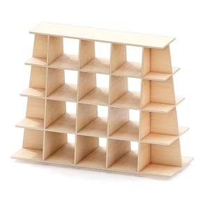 May include: A wooden bookshelf with a triangular shape and multiple shelves. The bookshelf is made of light brown wood and has a modern design.