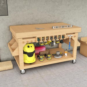 May include: A wooden workbench with wheels, a yellow and black vacuum cleaner, and various tools hanging from the side. The workbench has a wooden top and a shelf underneath. There are also some tools on the shelf.