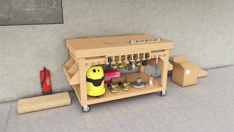 May include: A wooden workbench with wheels, a yellow and black vacuum cleaner, and various tools hanging from the side. The workbench has a wooden top and a shelf underneath. There are also some tools on the shelf.