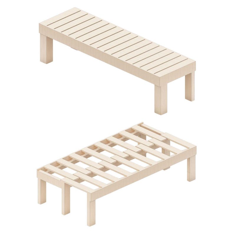 Puede incluir: Dos estructuras de cama de madera de color claro. La estructura superior tiene una superficie de listones, mientras que la estructura inferior muestra la estructura de soporte interna. Ambas estructuras tienen cuatro patas cuadradas y un dise&ntilde;o simple y moderno.