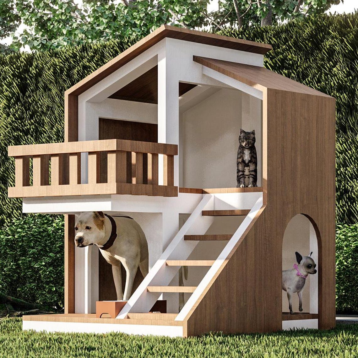 Dog House Risers Modern Two-story Dog House Plan With Ramp Large Size - Imperial Unit ...
