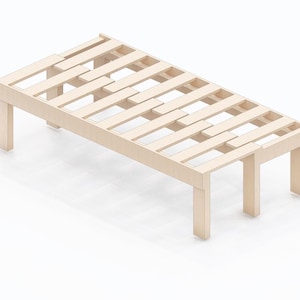 Puede incluir: Un somier de madera clara con dise&ntilde;o de listones. El marco tiene cuatro patas y forma rectangular, adecuado para una cama individual. El marco es de madera clara, de unos 190 cm de largo.