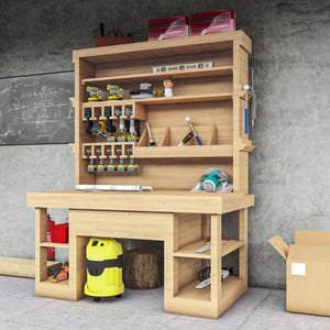 May include: A wooden workbench with shelves and drawers, filled with tools and equipment. The workbench is made of light wood and has a natural finish. There is a ladder in the background.