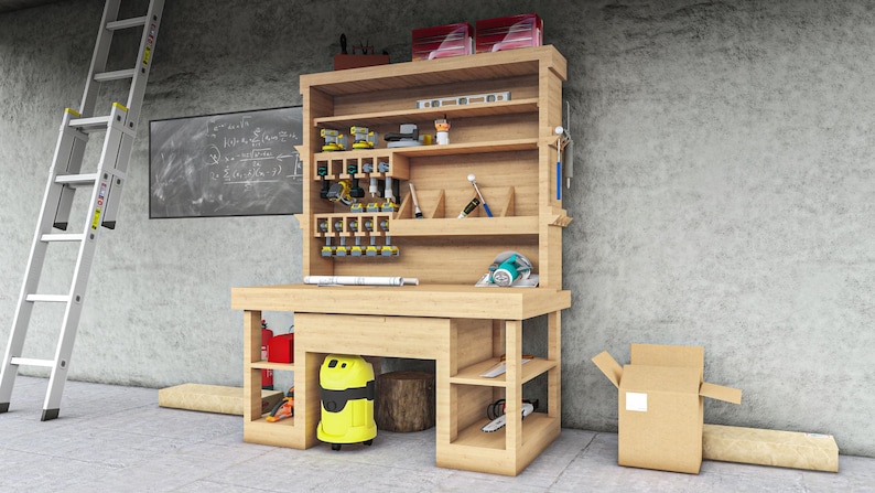 May include: A wooden workbench with shelves and drawers, filled with tools and equipment. The workbench is made of light wood and has a natural finish. There is a ladder in the background.