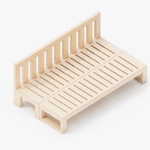 May include: A light wood slatted bench with a high back and a simple design.