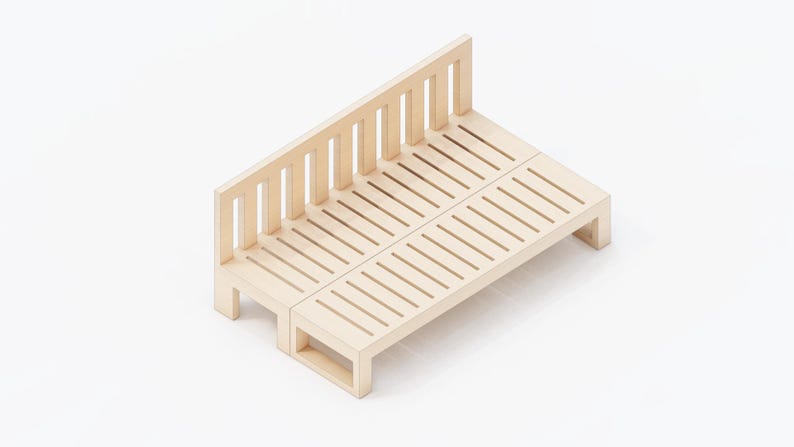 May include: A light wood slatted bench with a high back and a simple design.