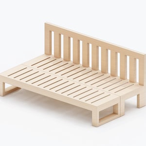May include: A light wood slatted bench with a simple design. The bench is made of two sections that can be joined together.