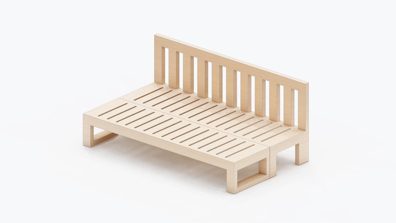 May include: A light wood slatted bench with a simple design. The bench is made of two sections that can be joined together.