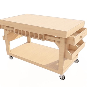 May include: A wooden workbench with a drawer and shelves, featuring a built-in tool holder. The workbench is on wheels and has a light wood finish.