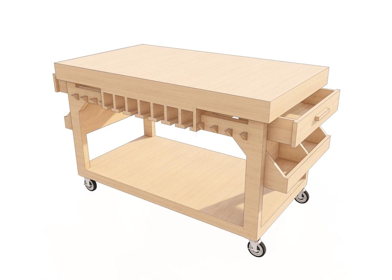 May include: A wooden workbench with a drawer and shelves, featuring a built-in tool holder. The workbench is on wheels and has a light wood finish.