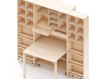 May include: A light wood-toned, multi-functional cabinet with a fold-out table and numerous shelves and cubbies. The cabinet has two drawers and is on wheels for easy movement. The table is supported by four legs. The cabinet is ideal for small spaces.