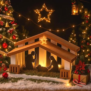 May include: A wooden nativity scene with a star on top, illuminated by warm lights. The scene depicts silhouettes of Mary, Joseph, and baby Jesus inside a stable. Christmas tree with red ornaments and a gift box with candy canes complete the festive display.