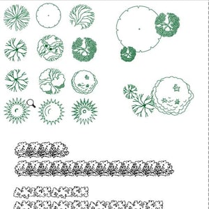 Puede incluir: Una colecci&oacute;n de dibujos de l&iacute;nea verde de &aacute;rboles y arbustos para el dise&ntilde;o de paisajes. Los dibujos incluyen varias formas y tama&ntilde;os de &aacute;rboles, as&iacute; como setos y arbustos.