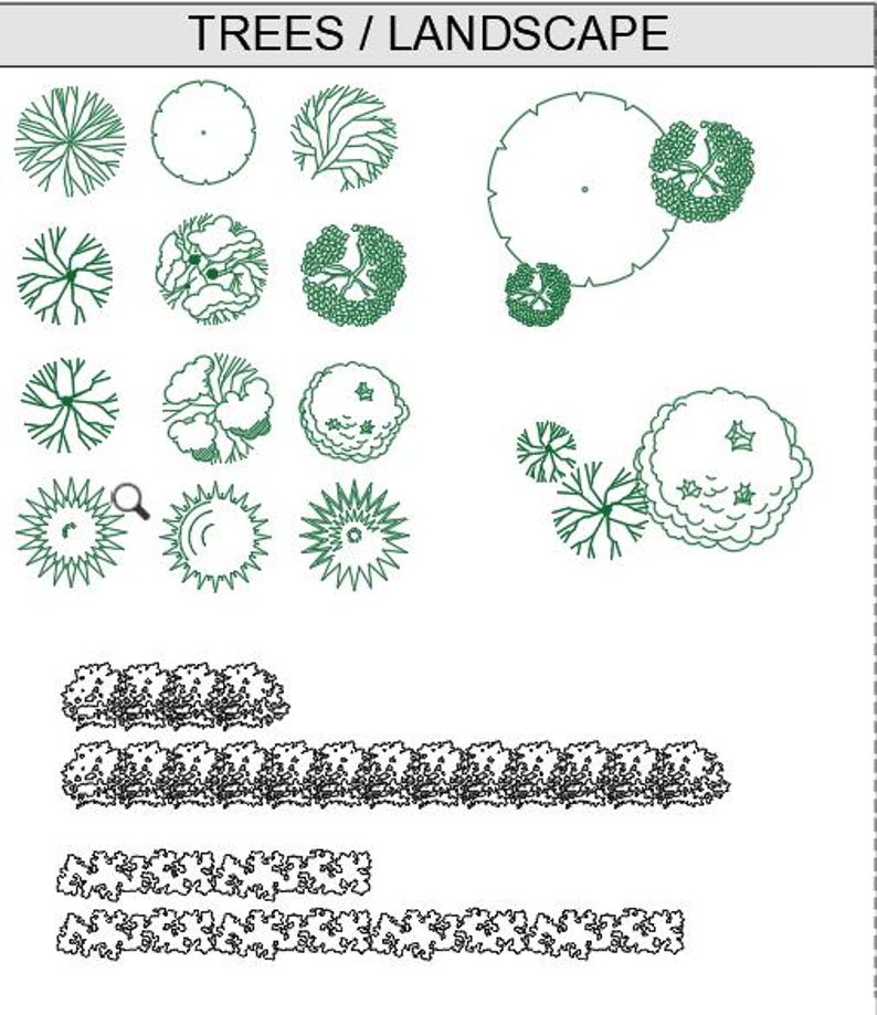 Puede incluir: Una colecci&oacute;n de dibujos de l&iacute;nea verde de &aacute;rboles y arbustos para el dise&ntilde;o de paisajes. Los dibujos incluyen varias formas y tama&ntilde;os de &aacute;rboles, as&iacute; como setos y arbustos.