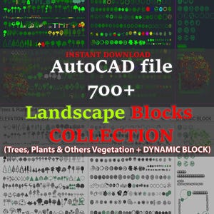May include: A collection of over 700 landscape blocks for AutoCAD, featuring trees, plants, and other vegetation. The image shows a variety of green and black silhouettes of trees, plants, and other vegetation, as well as a few dynamic blocks. The text "INSTANT DOWNLOAD AutoCAD file 700+ Landscape Blocks COLLECTION (Trees, Plants & Others Vegetation + DYNAMIC BLOCK)" is displayed in red and white.