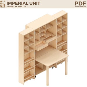 Op de afbeelding: Een licht houten modulaire kast met planken, lades en een uitklapbare tafel. De kast heeft meerdere opbergvakken en is gelabeld met "IMPERIAL UNIT DIGITAL DOWNLOAD" en "PDF INSTANT DOWNLOAD". De tafel heeft wielen.