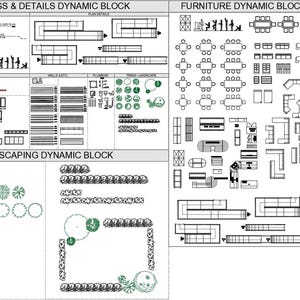 Puede incluir: Un diagrama en blanco y negro con varios s&iacute;mbolos e iconos para muebles, paisajismo y etiquetas de plano. El diagrama est&aacute; dividido en tres secciones: Bloque din&aacute;mico de muebles, Bloque din&aacute;mico de paisajismo y Bloque din&aacute;mico de etiquetas y detalles del plano.
