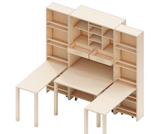 May include: Isometric view of a light wood-colored Imperial Unit, a multi-functional furniture piece. It features a central cabinet with drawers and shelves, flanked by two side cabinets with shelves, and two pull-out tables. The text "IMPERIAL UNIT" and "DIGITAL DOWNLOAD" are visible.