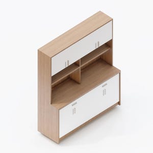 May include: A wooden cabinet with white doors and shelves. The cabinet has two doors on the bottom and two doors on the top. The top doors are behind a shelf.