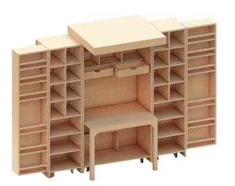 May include: A light-colored wooden craft workstation featuring a central desk with two drawers, flanked by multiple vertical storage shelves and compartments. The unit includes text reading METRIC UNIT DIGITAL DOWNLOAD CENTIMETERS PDF.
