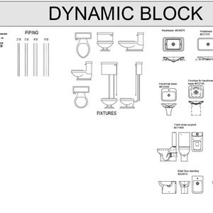 Puede incluir: Un dibujo en blanco y negro de accesorios de plomer&iacute;a y tuber&iacute;as. El dibujo incluye inodoros, lavabos y tuber&iacute;as. El texto "DYNAMIC BLOCK" est&aacute; en la parte superior del dibujo.