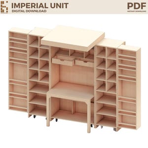 May include: A light-colored wooden craft workstation featuring a central desk with two drawers, an overhead storage compartment, and four tall, hinged side cabinets with multiple shelves and cubbies. The text IMPERIAL UNIT DIGITAL DOWNLOAD is visible.