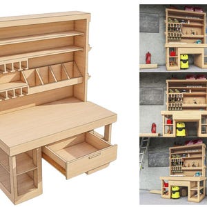 May include: A wooden workbench with a large top surface, a drawer, and a tall cabinet with shelves and compartments. The cabinet has a variety of storage options, including shelves, drawers, and hooks.