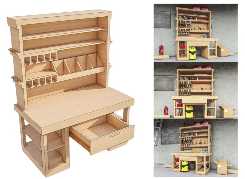 May include: A wooden workbench with a large top surface, a drawer, and a tall cabinet with shelves and compartments. The cabinet has a variety of storage options, including shelves, drawers, and hooks.