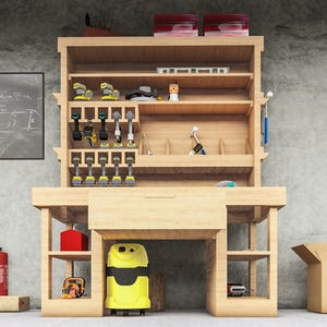 May include: A wooden workbench with a shelf unit above it. The shelf unit has a variety of tools and equipment stored on it, including power tools, hand tools, and other supplies. The workbench has a drawer and a shelf below it. There is a yellow vacuum cleaner on the floor in front of the workbench.