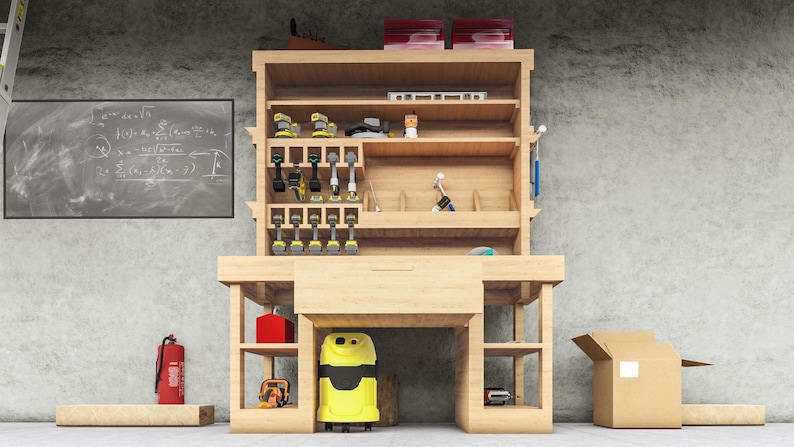 May include: A wooden workbench with a shelf unit above it. The shelf unit has a variety of tools and equipment stored on it, including power tools, hand tools, and other supplies. The workbench has a drawer and a shelf below it. There is a yellow vacuum cleaner on the floor in front of the workbench.