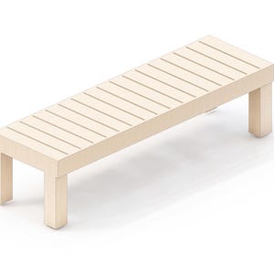 Puede incluir: Un banco de madera de color claro con un asiento de listones y cuatro patas cuadradas. El banco es rectangular y parece estar hecho de madera de color claro. El dise&ntilde;o es simple y moderno, adecuado para uso en interiores o exteriores.