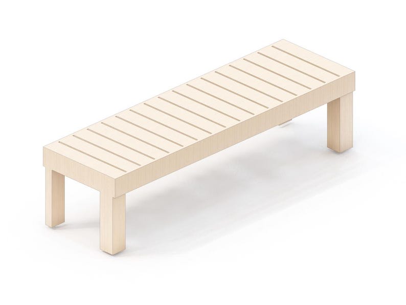 Puede incluir: Un banco de madera de color claro con un asiento de listones y cuatro patas cuadradas. El banco es rectangular y parece estar hecho de madera de color claro. El dise&ntilde;o es simple y moderno, adecuado para uso en interiores o exteriores.