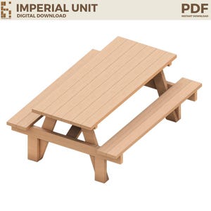 May include: A light brown wooden picnic table with an attached bench on each side. The table features a rectangular top made of parallel planks and a sturdy frame with angled legs. The text IMPERIAL UNIT DIGITAL DOWNLOAD PDF is visible.