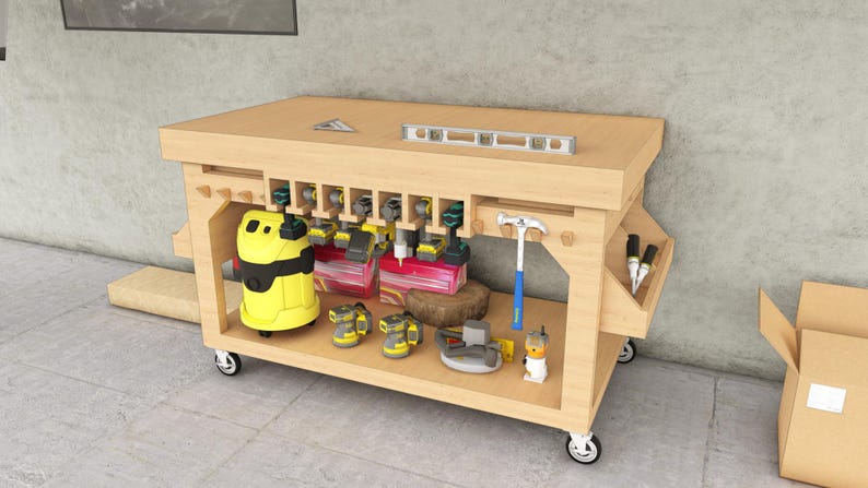 May include: A wooden mobile workbench with a yellow and black vacuum cleaner, power tools, and a spirit level on the top shelf. The workbench has a built-in tool holder and a drawer for storing tools.