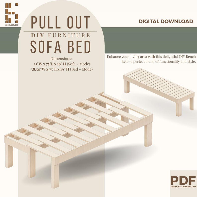 Puede incluir: Descarga digital para un sof&aacute; cama DIY. Las dimensiones son 53 cm de ancho x 191 cm de largo x 48 cm de alto (Modo sof&aacute;) y 98 cm de ancho x 191 cm de largo x 48 cm de alto (Modo cama). La imagen muestra un armaz&oacute;n de sof&aacute; cama de madera y un banco.