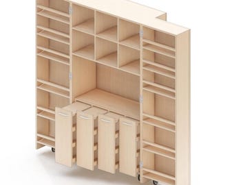 May include: A light-colored wooden storage unit with multiple shelves, compartments, and pull-out drawers. The unit has a rectangular shape with a stepped top and is mounted on wheels for mobility. The design includes various shelf sizes and drawer configurations.