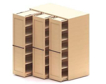May include: A light wood storage cabinet featuring three vertical pull-out shelving units. Each unit has a flat front panel with a thin black horizontal handle and multiple interior shelves for organisation, all housed within a rectangular frame.