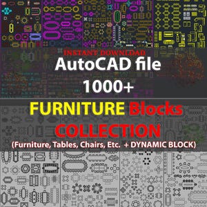 Könnte beinhalten: Ein Schwarzweißbild, das eine Sammlung von über 1000 AutoCAD-Möbelblöcken zeigt. Das Bild zeigt eine Vielzahl von Tischen, Stühlen und anderen Möbeln. Der Text "Furniture Blocks Collection (Furniture, Tables, Chairs, Etc. + DYNAMIC BLOCK)" befindet sich am unteren Rand des Bildes.